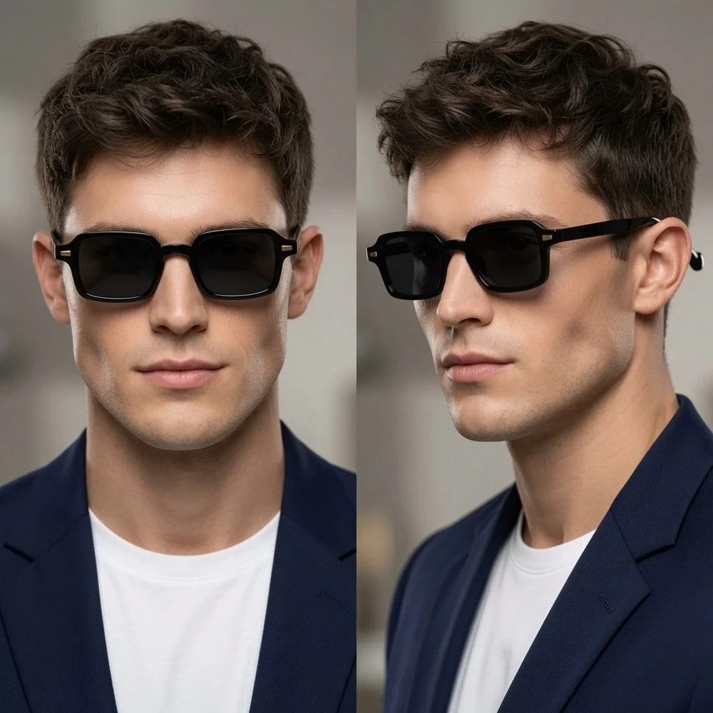 Mens Black Square Sunglasses Retro Rectangular UV400 Protection Cyberpunk Shades